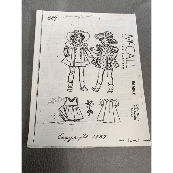 Vintage McCalls Sewing Pattern 384 1937 22" Doll Dress & Hat Shirley Temple - Picture 1 of 4